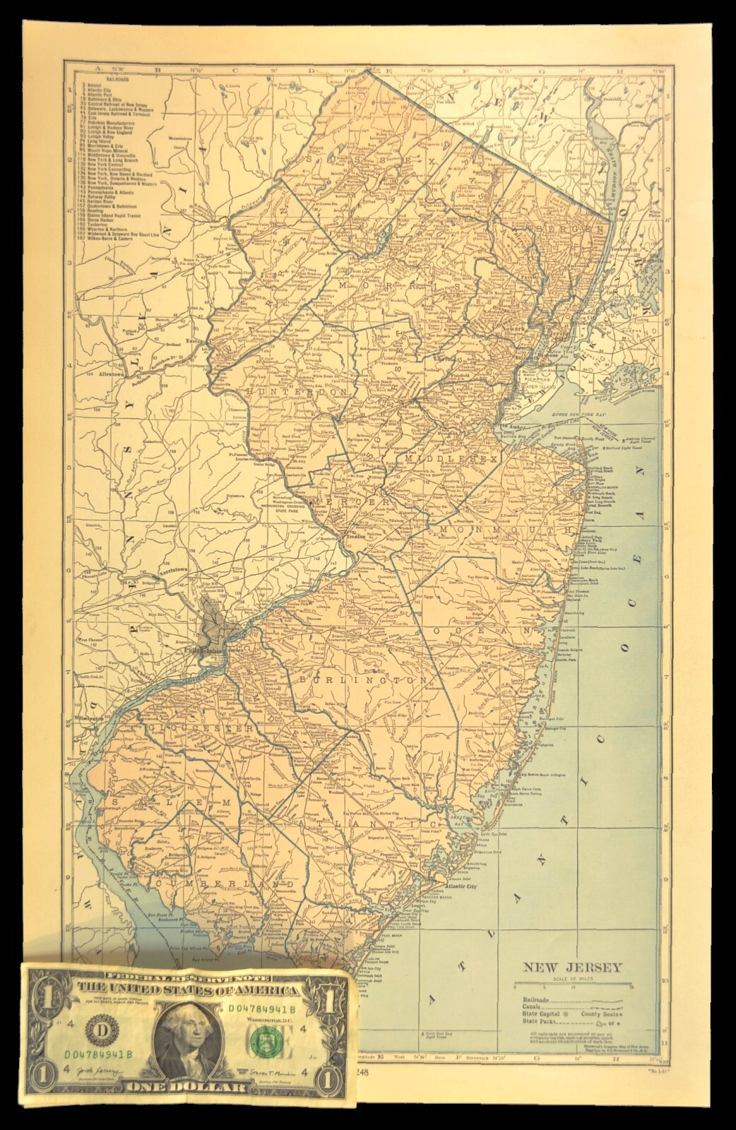Vintage NEW JERSEY Railroad Map PRR LARGE Pennsylvania RR Original Atlas Antique