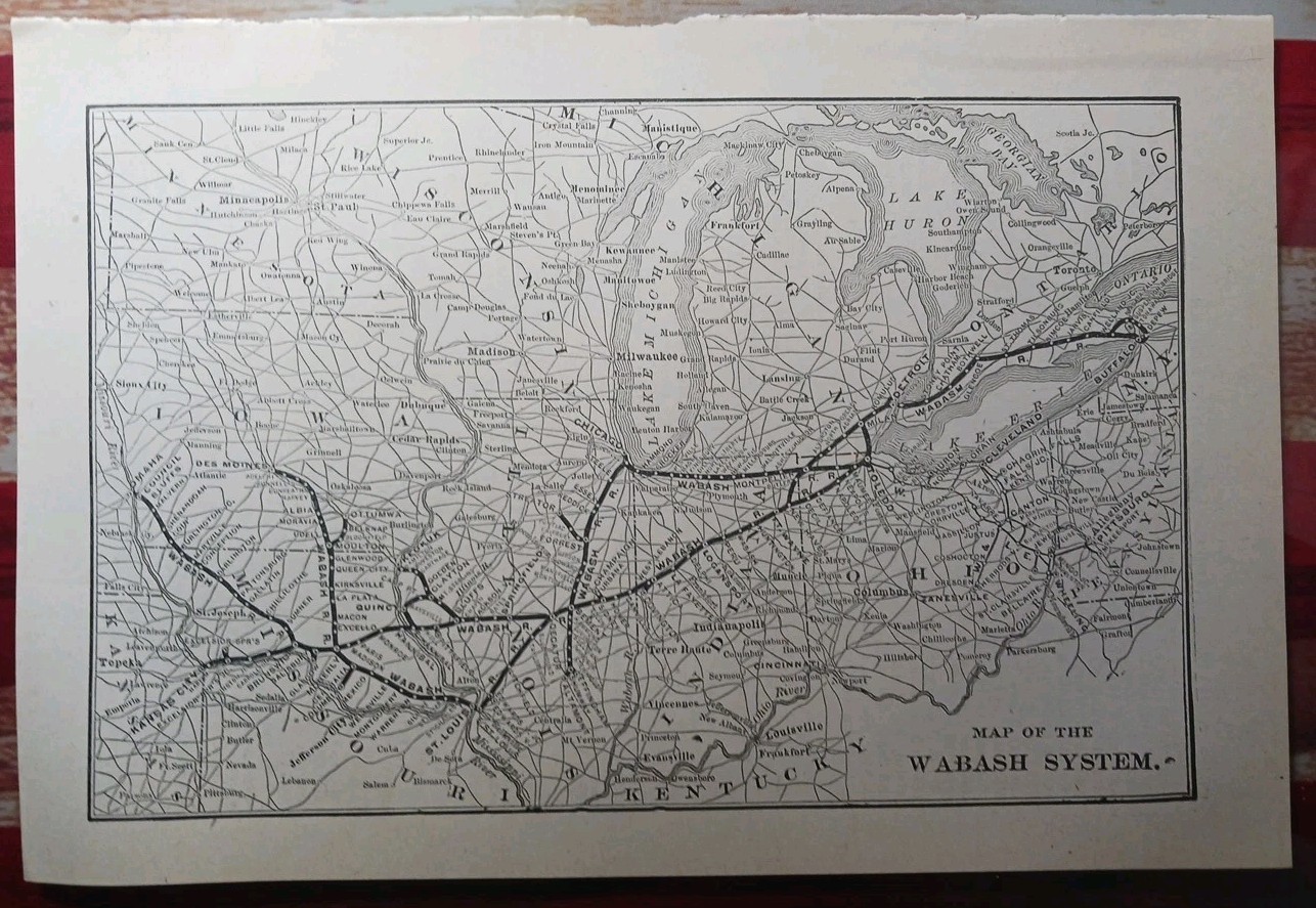 ~1910 Antique Train Map WABASH SYSTEM all Railroad Lines Stations Marked