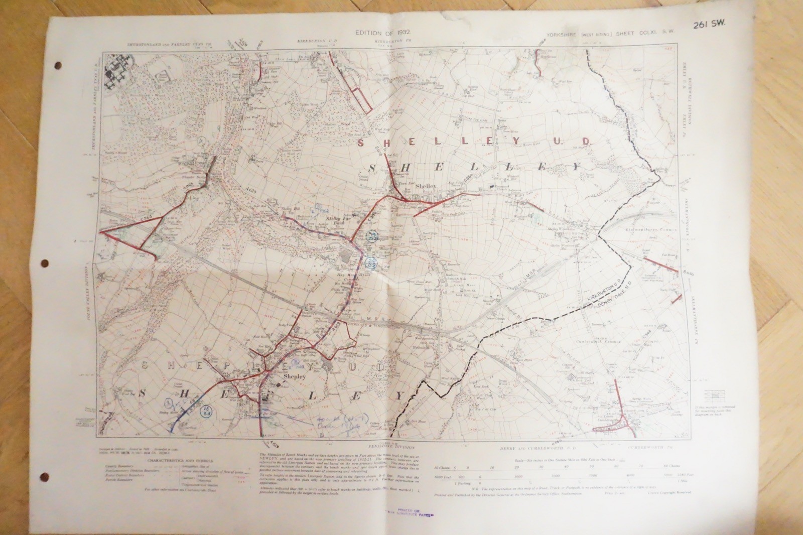 1938 Shelley Shepley Yorkshire LMS Railway OS Linen Map Ref 66 **
