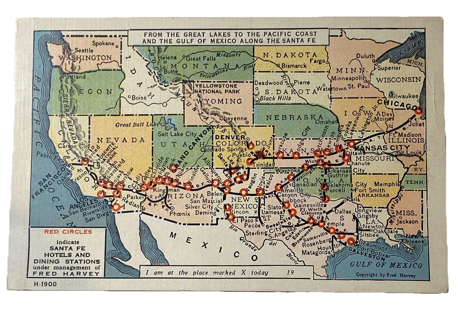 Santa Fe Railroad Map Post Card Great Lakes To Pacific 1936 Stamped