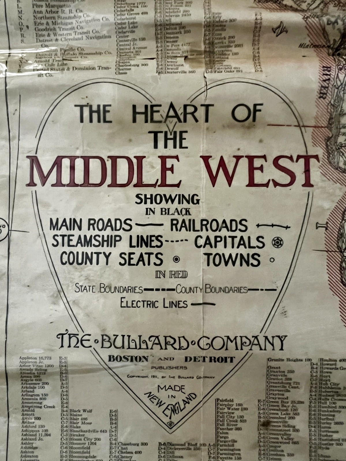 1911 Antique THE BULLARD COMPANY “Heart of the Middle West” Map