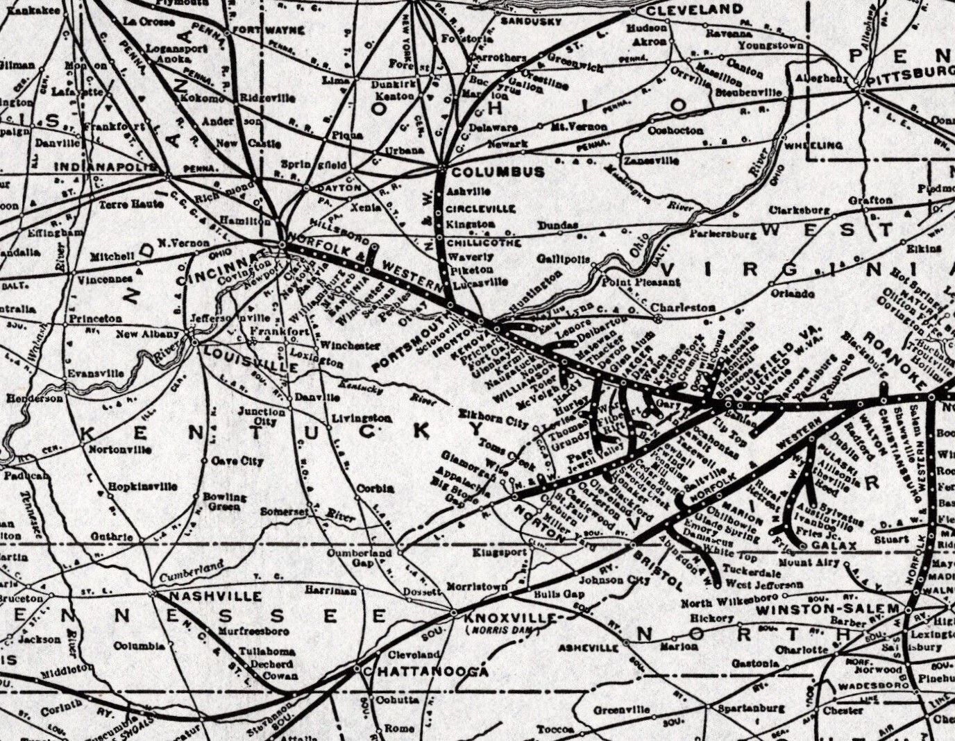 1938 Antique NORFOLK and WESTERN Railway Map Vintage Railroad Map #1951