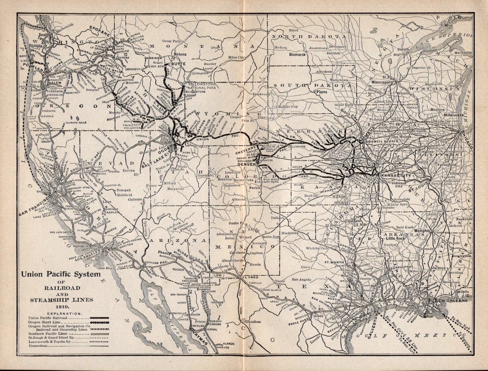 1910 Union Pacific System Railroad Map Railroad and Steamship Lines Map 1393