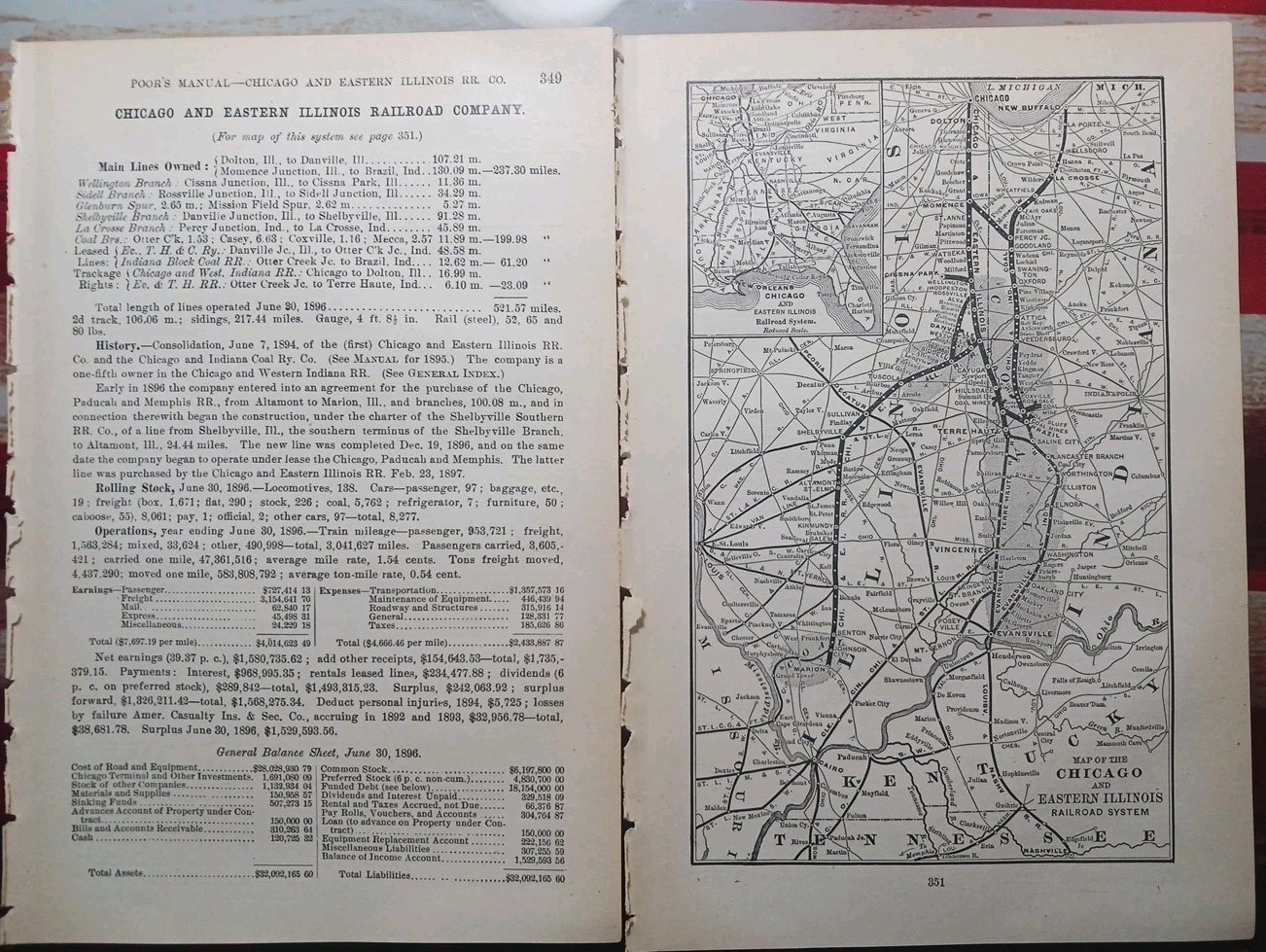 1897 Train Route Map + Report CHICAGO & EASTERN ILLINOIS RAILROAD Coal Fields