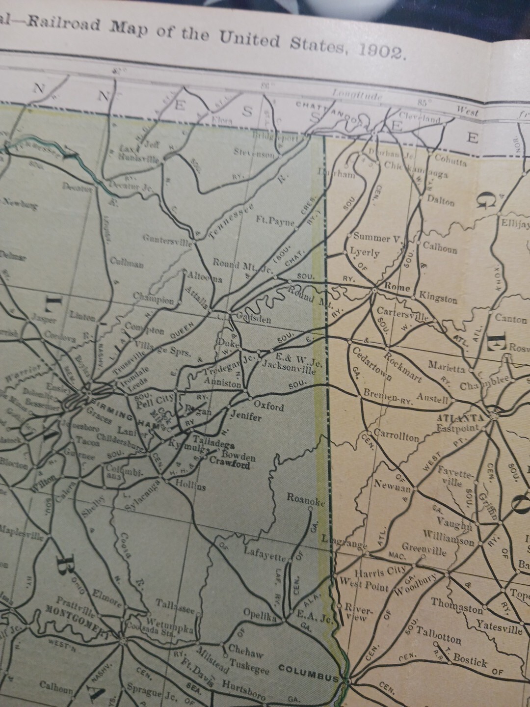 1902 Dated Train Route Map ALABAMA GEORGIA all Railroad Lines Stations 11″×9″