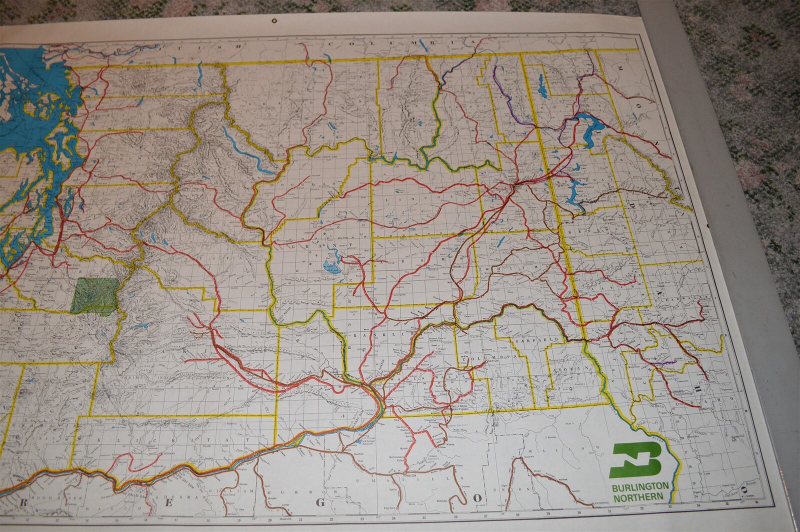Large 1974 Burlington Northern Railroad Washington N. Idaho Map Poster NO FOLDS