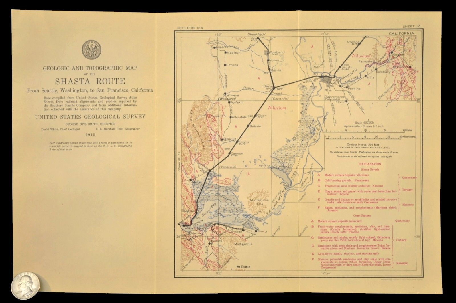 1915 Antique Southern Pacific Railroad Map Line Sacramento California Concord CA