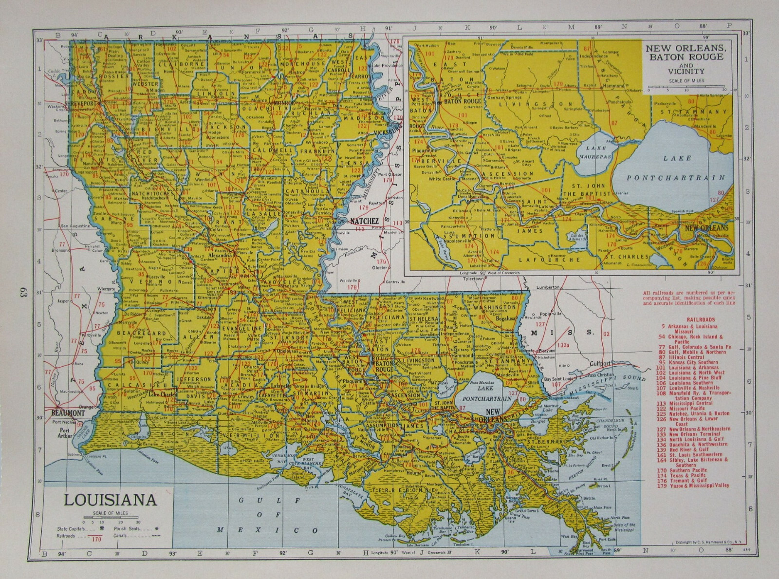 LA ME 1942 LOUISIANA RAILROAD Map OUACHITA & N’WSTRN RR ~or~ MAINE. MONSON RR