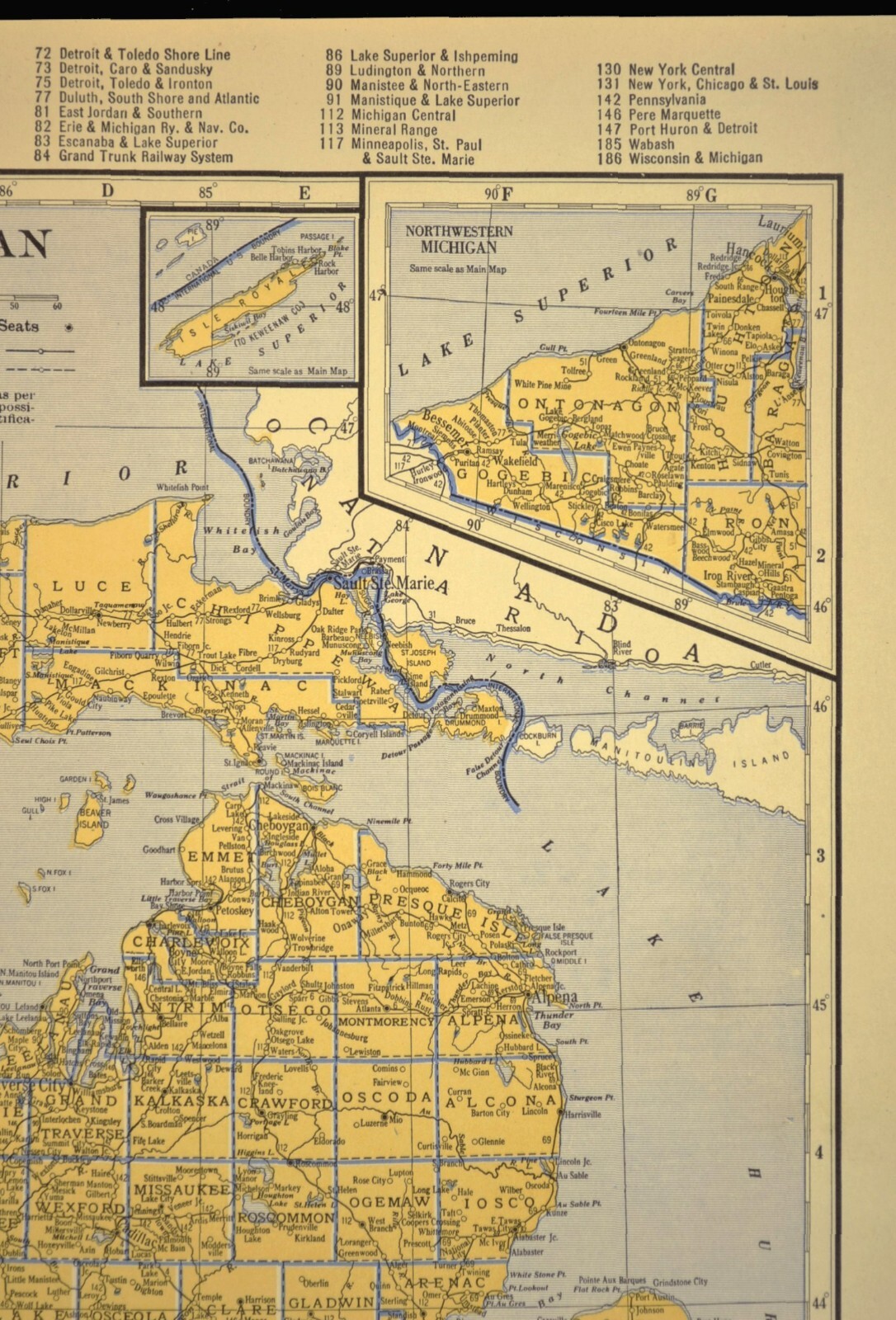 ca1939 MICHIGAN Railroad Map Depot Towns SP RR Historic Original Atlas Map