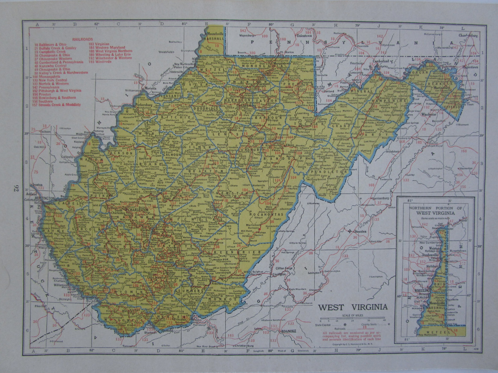 WV WA Vtg 1945 WEST VIRGINIA RAILROAD Map ROWLESBURG & SOUTHERN RR or WASHINGTON