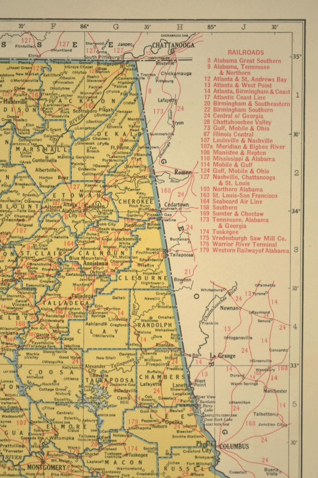 Vintage ALABAMA Map Railroad Depot Towns Birmingham Louisville & Nashville RR
