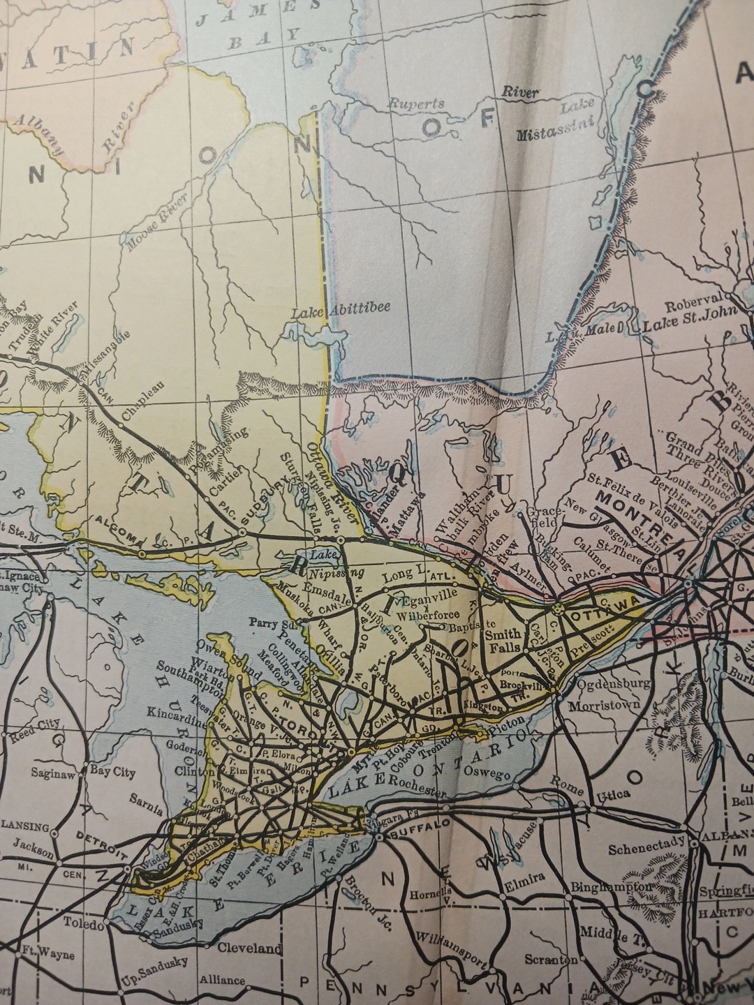 ~1898 ANTIQUE Railroad Map EASTERN CANADA Train Route Stations 9″x 11″