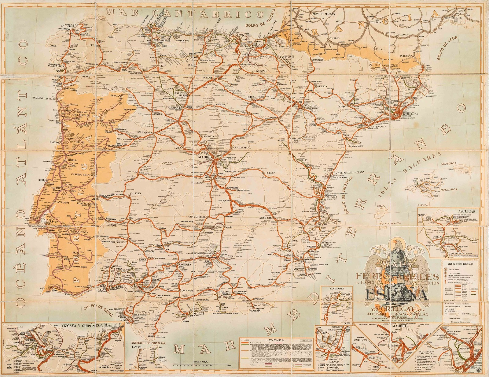 1956 Large Linen-backed Folding Map of Railways, Spain and Portugal
