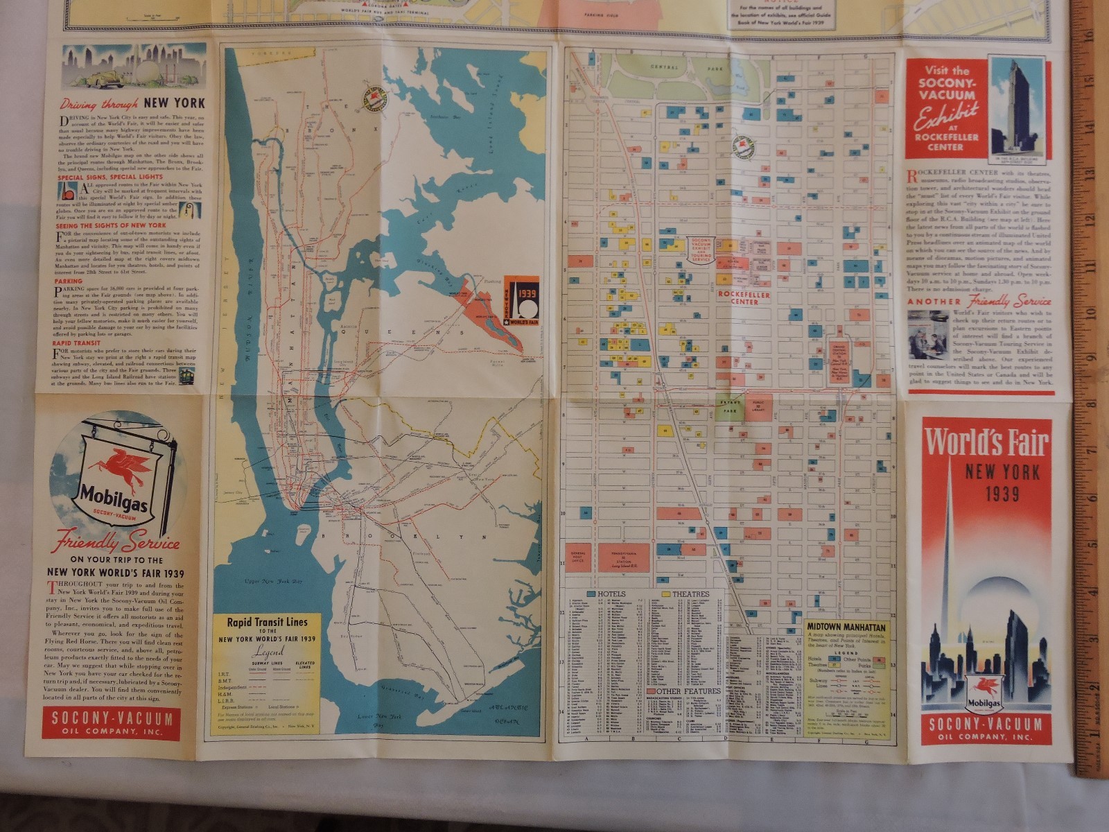 1939 New York City NYC World’s Fair Subway MOBIL GAS Map Rapid Transit Train