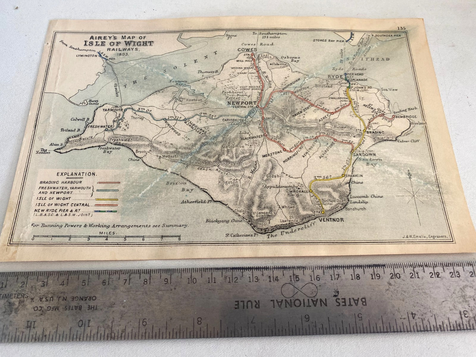 AIREY ISLE OF WIGHT RAILWAY MAP 1893 RYDE FRESHWATER BEMBRIDGE COWES VENTNOR
