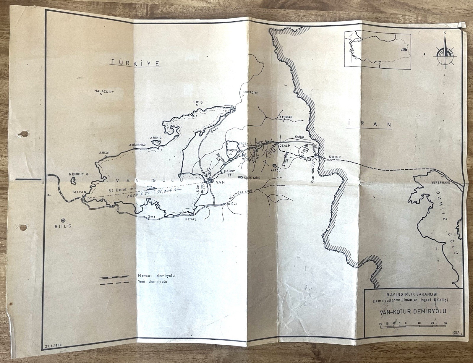 1969 Turkey Railway Map Van Kotur Demiryolu Govt Rail Line Plan Vintage