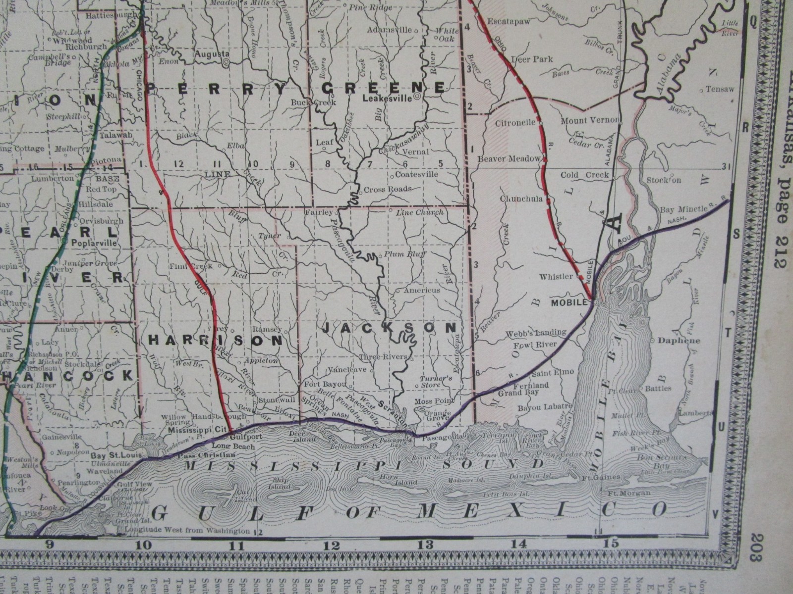 ANTIQUE MS 1891 MISSISSIPPI RAILROAD Map. Cram. NEW ORLEANS NORTHEASTERN RR