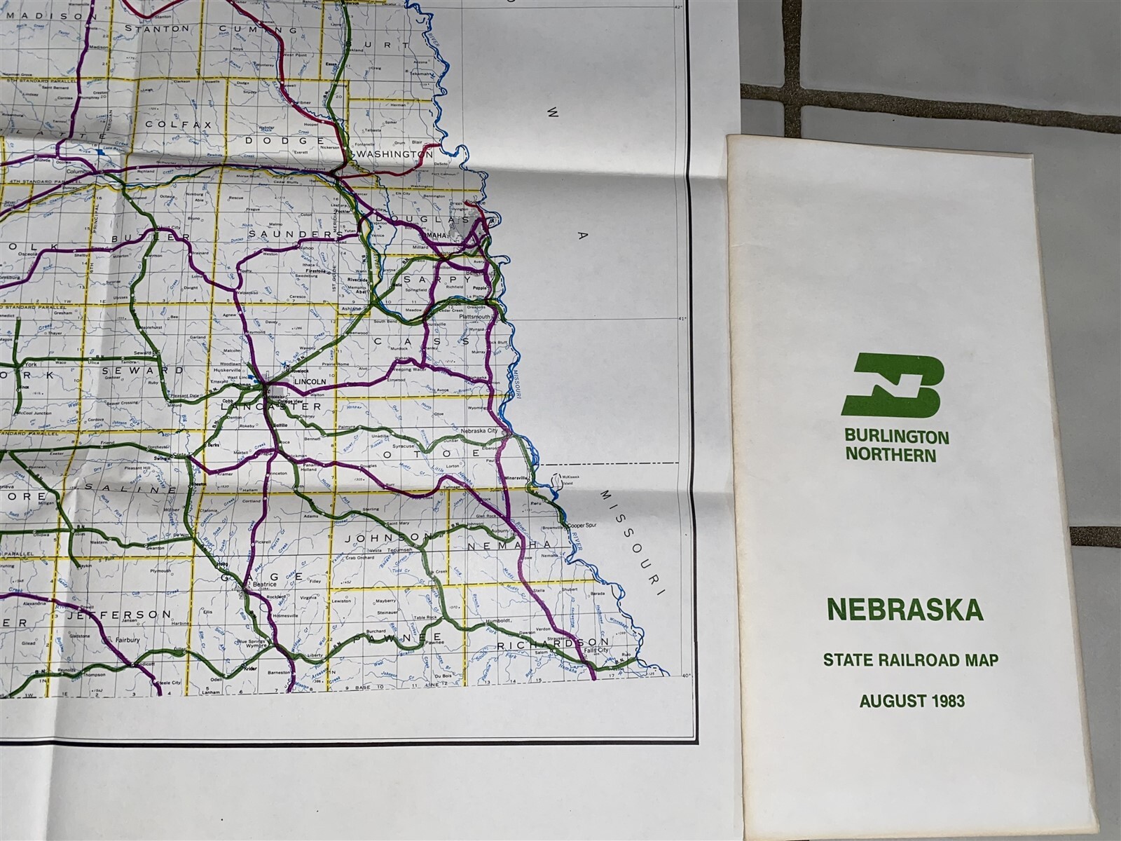 1983 Burlington Northern Railroad Nebraska Map 43 5/8″ by 23″
