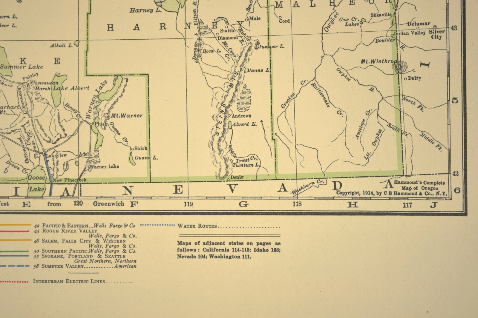1914 Antique Map of OREGON Railroads Map ORIGINAL Atlas Map OWR&N RR DATED
