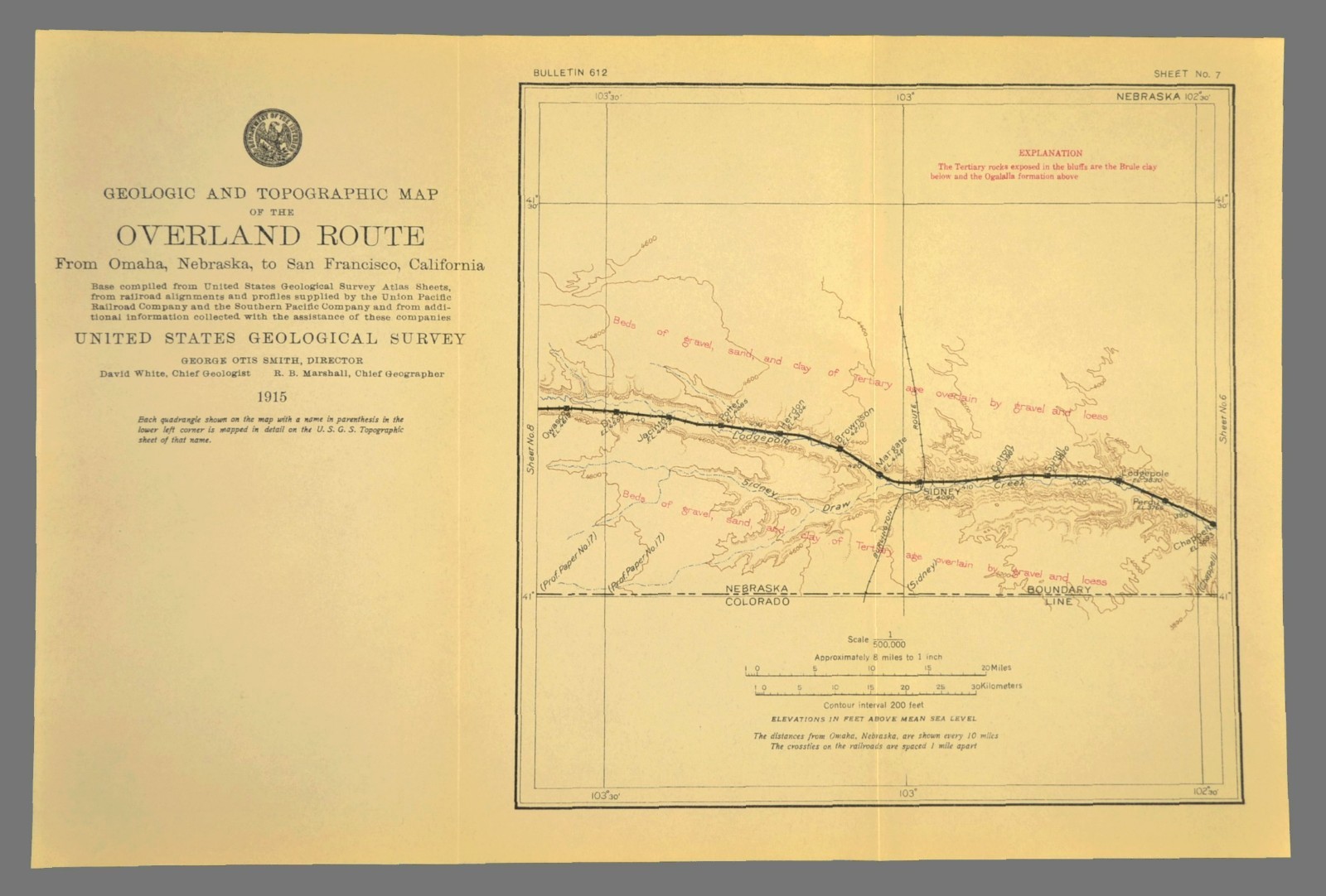 1915 Antique Union Pacific Railroad Map Sidney Nebraska Chappell NE Geological