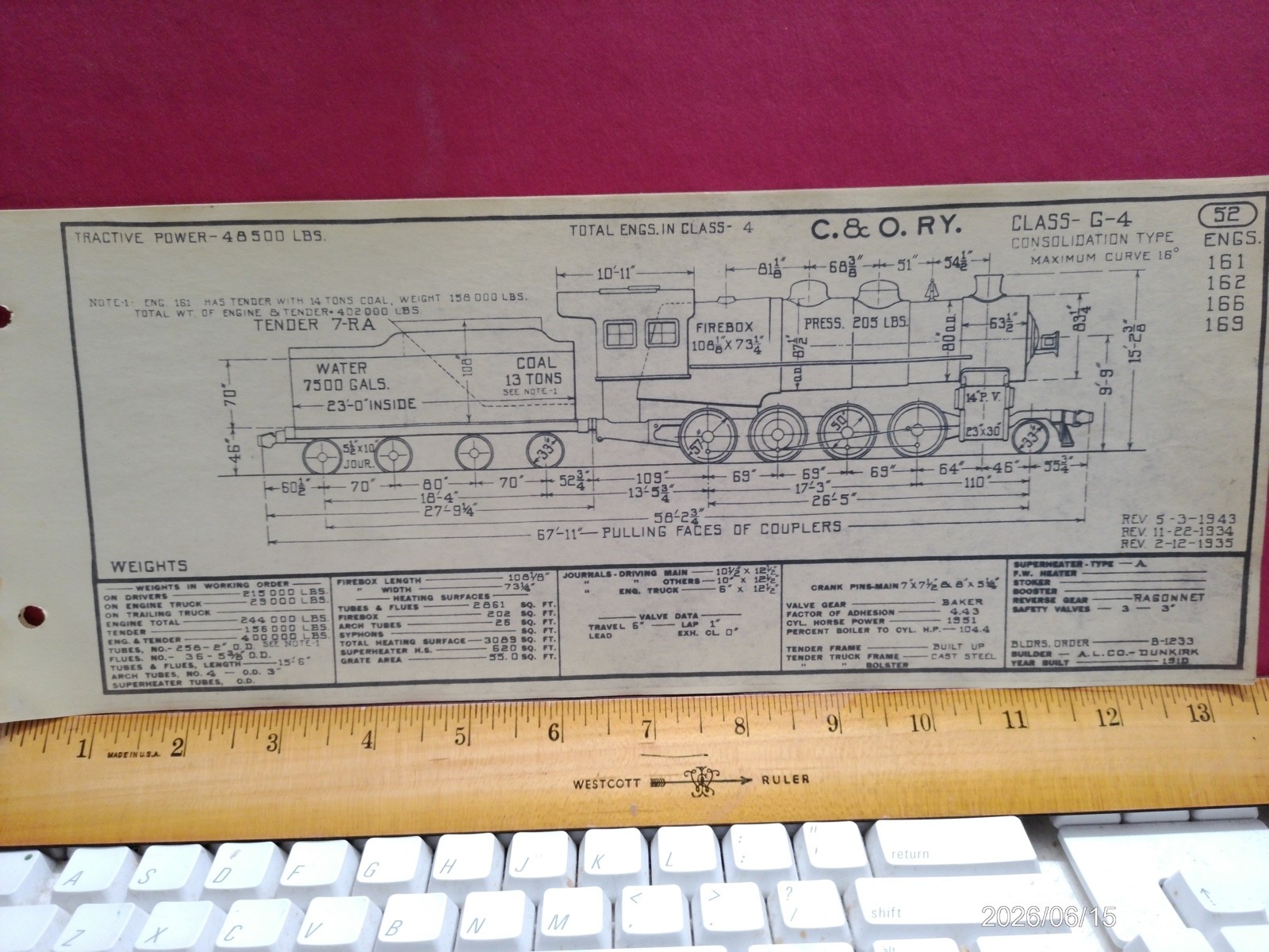 CHESAPEAKE & OHIO RAILROAD ORIG PRINTED DIAGRAM CLASS G-4 LOCOMOTIVE #161-169