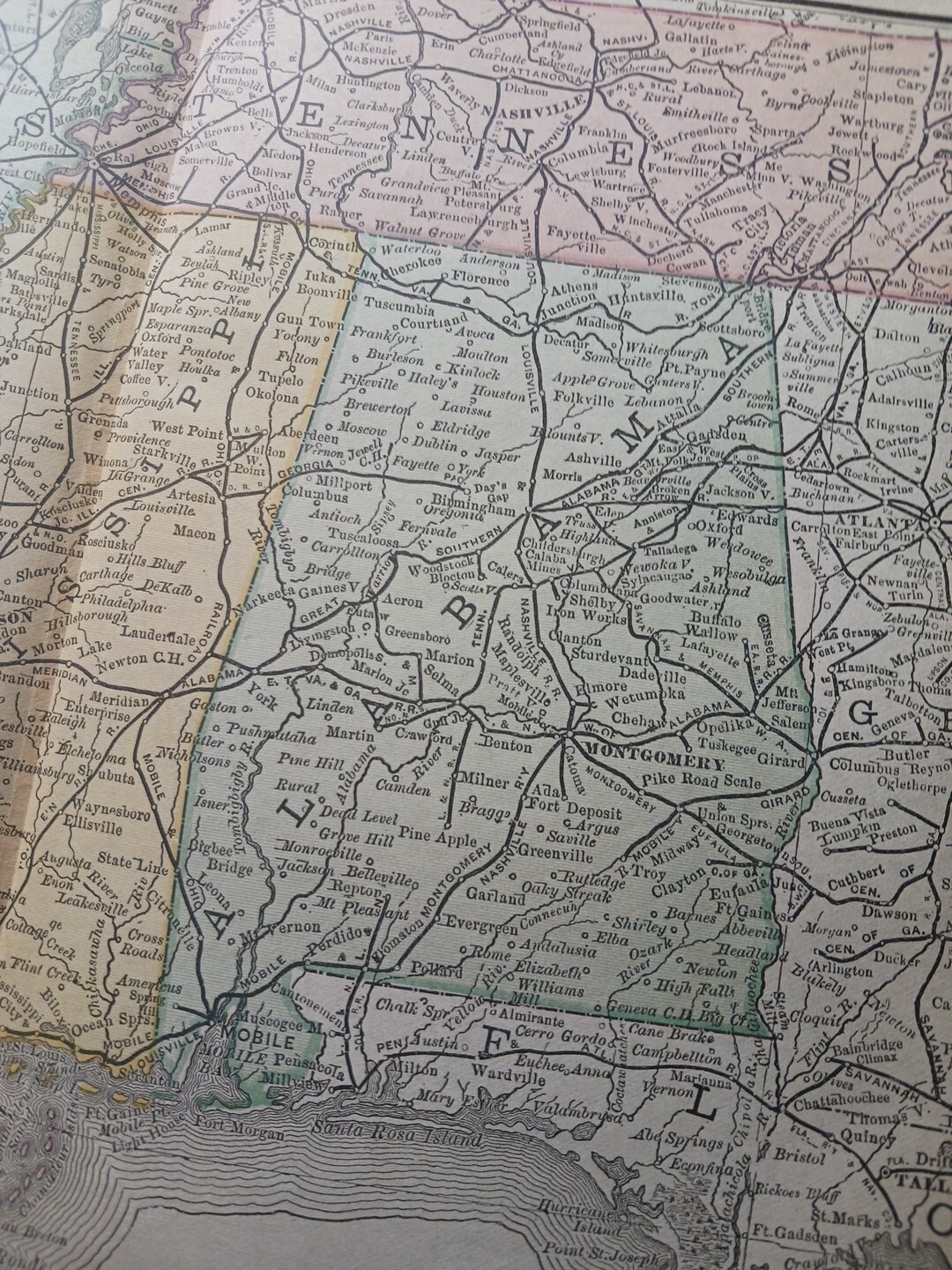 1886 Train Route Map Alabama Louisiana Mississippi TN AR Railroad Lines 9″x 11″