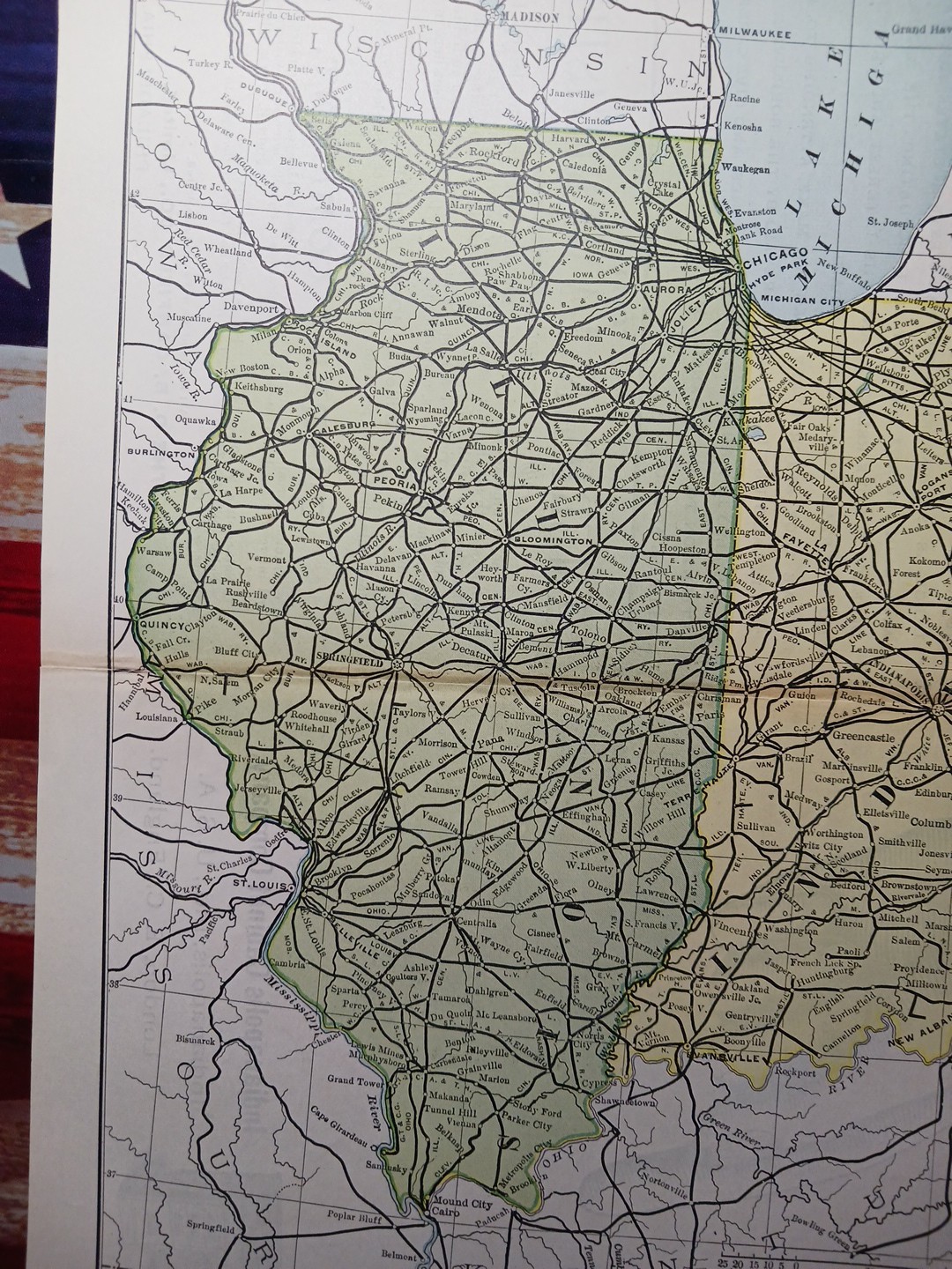 1891 Antique Railroad Map ILLINOIS & INDIANA all Train Route lines Depots 11×9″