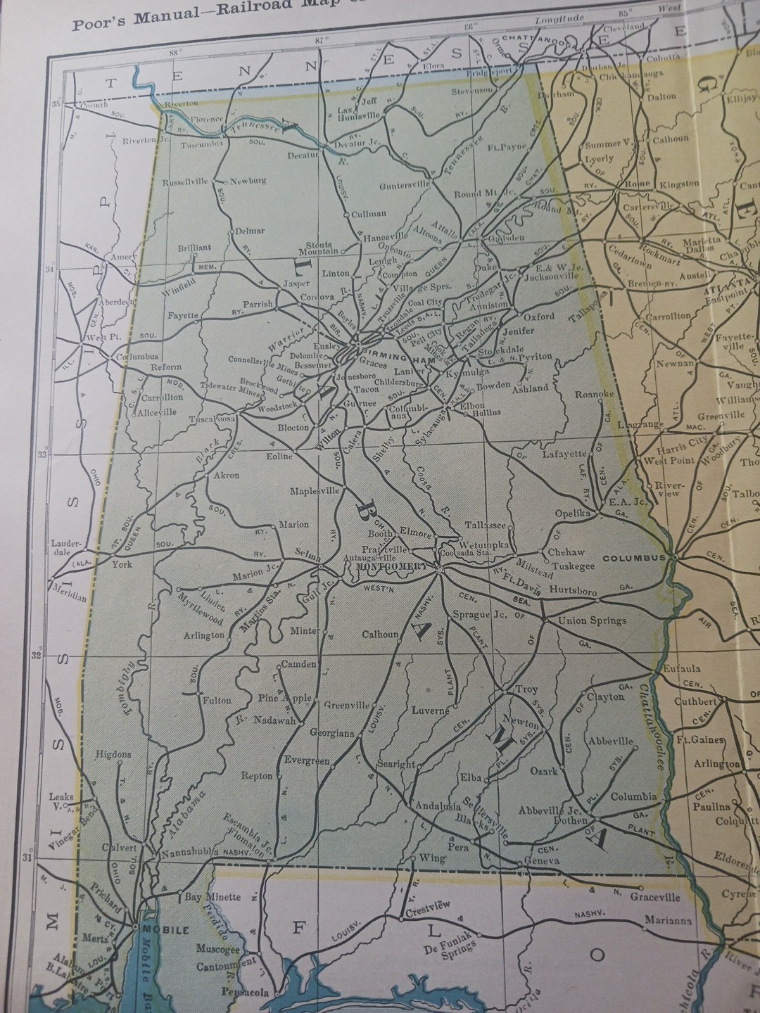 1905 Train Route Map Alabama & Georgia ALL Railroad Company Lines Marked 11x 9″