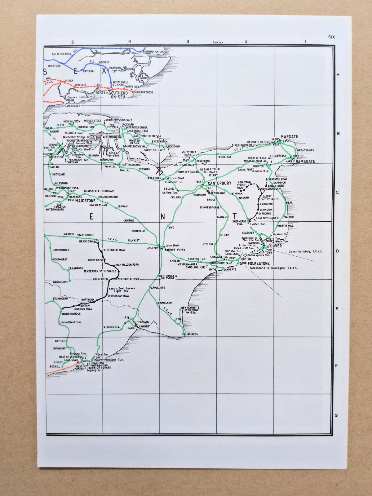 Vintage 1972 map showing Pre Grouping Rail Lines of Kent