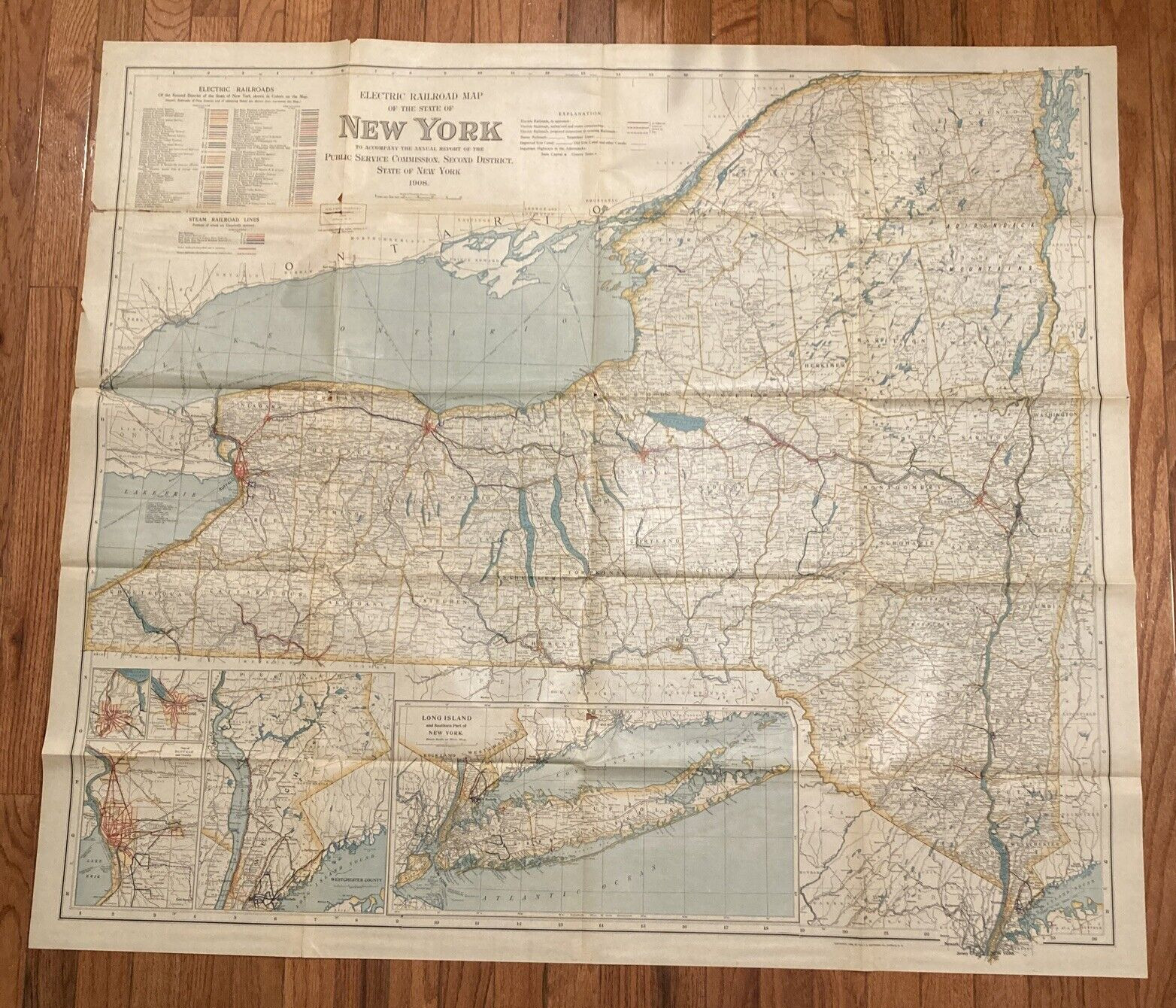 Original 1908 State of New York Electric Railroad Map 47.25″ x42″
