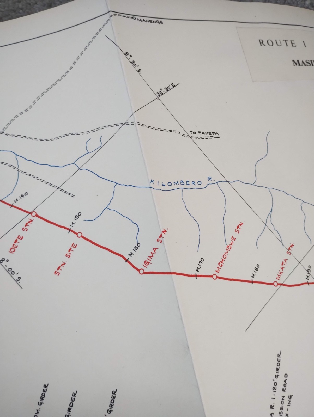 1952 Original East African Railways Map of Route: Masimbu to Mpanga (Tanzania)
