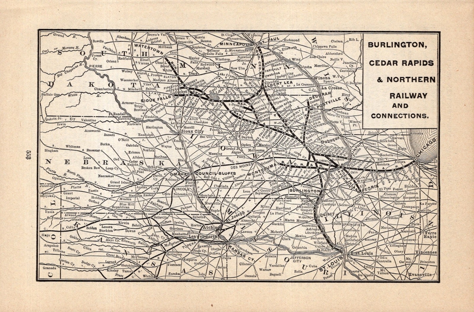 1901 Burlington Cedar Rapids & Northern Railway Map Vintage Railroad Map 2681