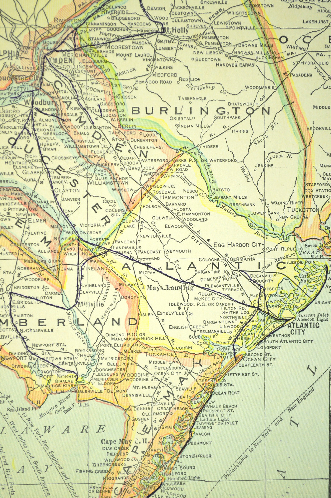 Vintage NEW JERSEY Map Wall Art Decor Electric Railway Old Original 1920s Newark