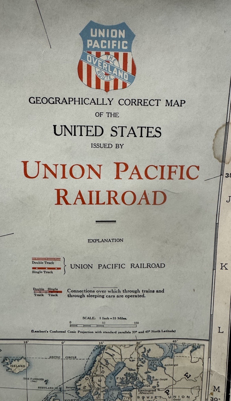 Antique Union Pacific Railroad Official Wall Map United States 43”x62” 1941