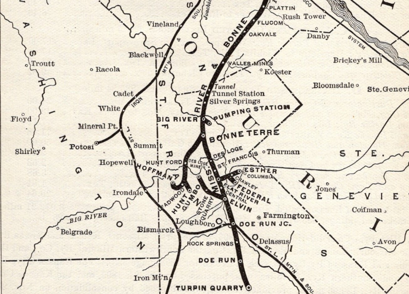 1908 Antique Mississippi River and Bonne Terre Railway Map Railroad Map #1940