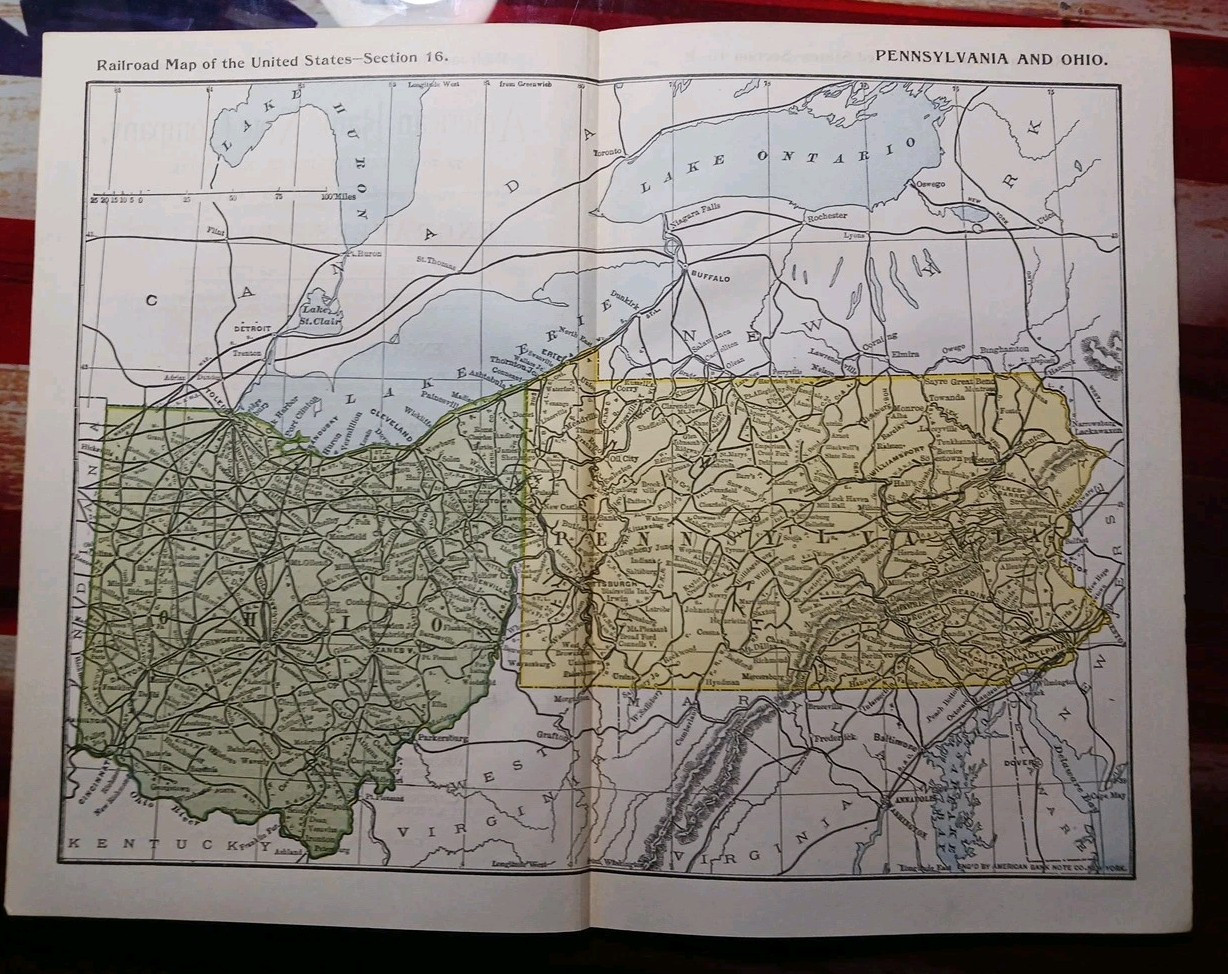 1897 Train Route Map PENNSYLVANIA & OHIO all Railroad Lines Stations color 9×11″