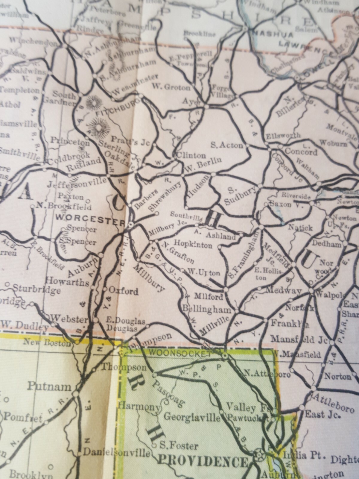 Original 1894 railroad map Drawn by American Bank Note Massachusetts CT RI 9×11″