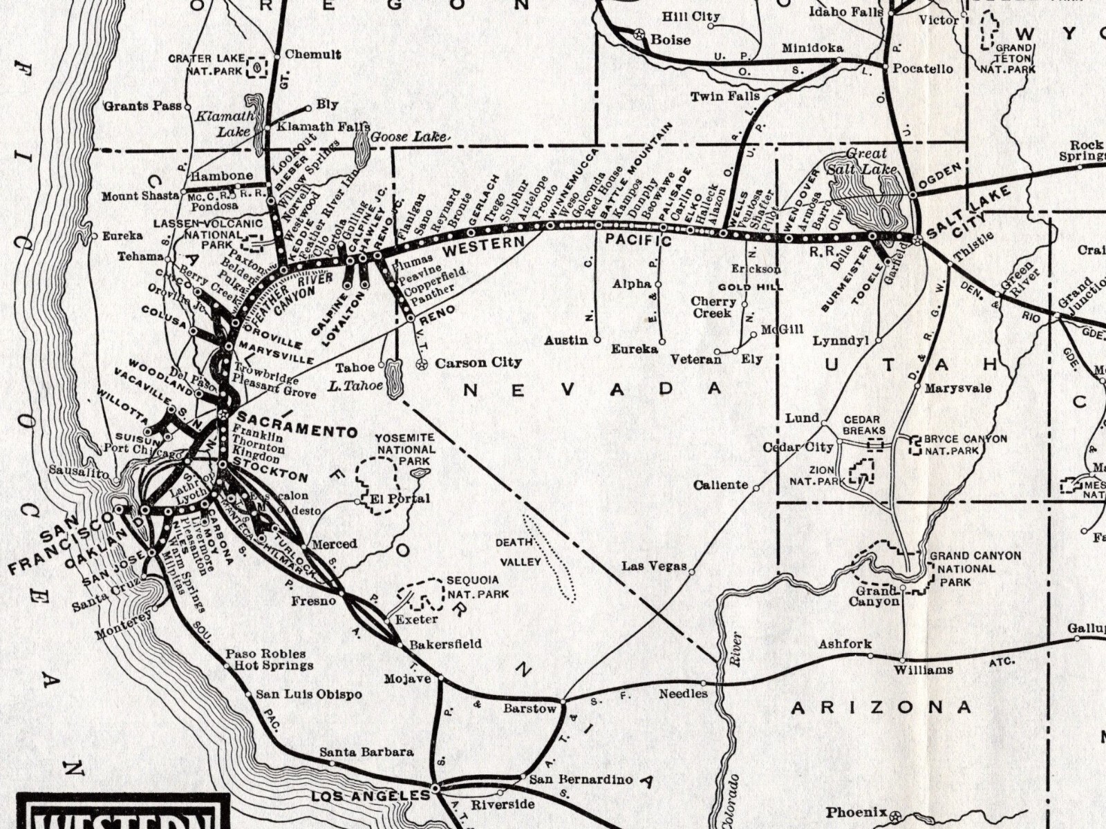 1933 Antique Western Pacific Railroad Map Feather River Route Railway Map #1886