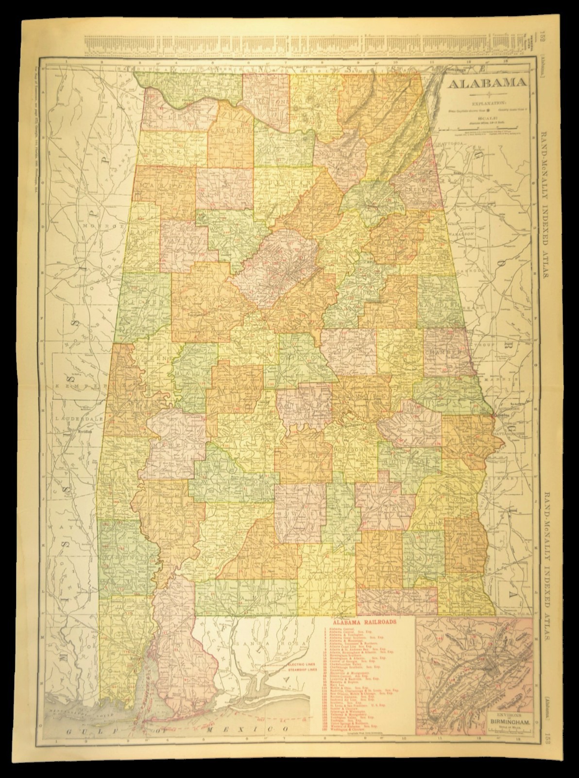 1911 Antique Alabama Railroad Map ORIGINAL Atlas Map Southern Railway DATED
