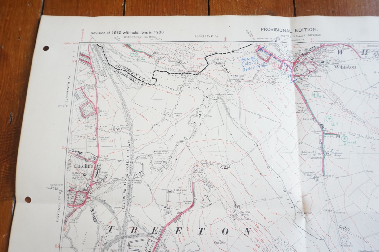 1938 Whiston Treeton Yorkshire LMS Railway OS Linen Map Ref 12
