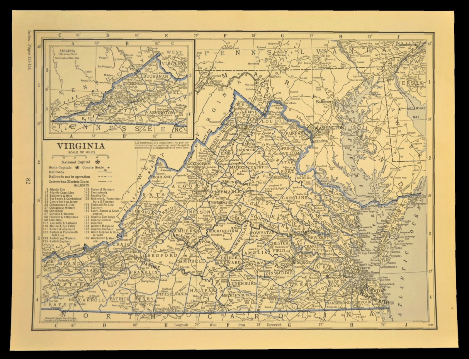 ca 1930 VIRGINIA Railroad Map Depot Towns C&O RR Historic Original Atlas Map
