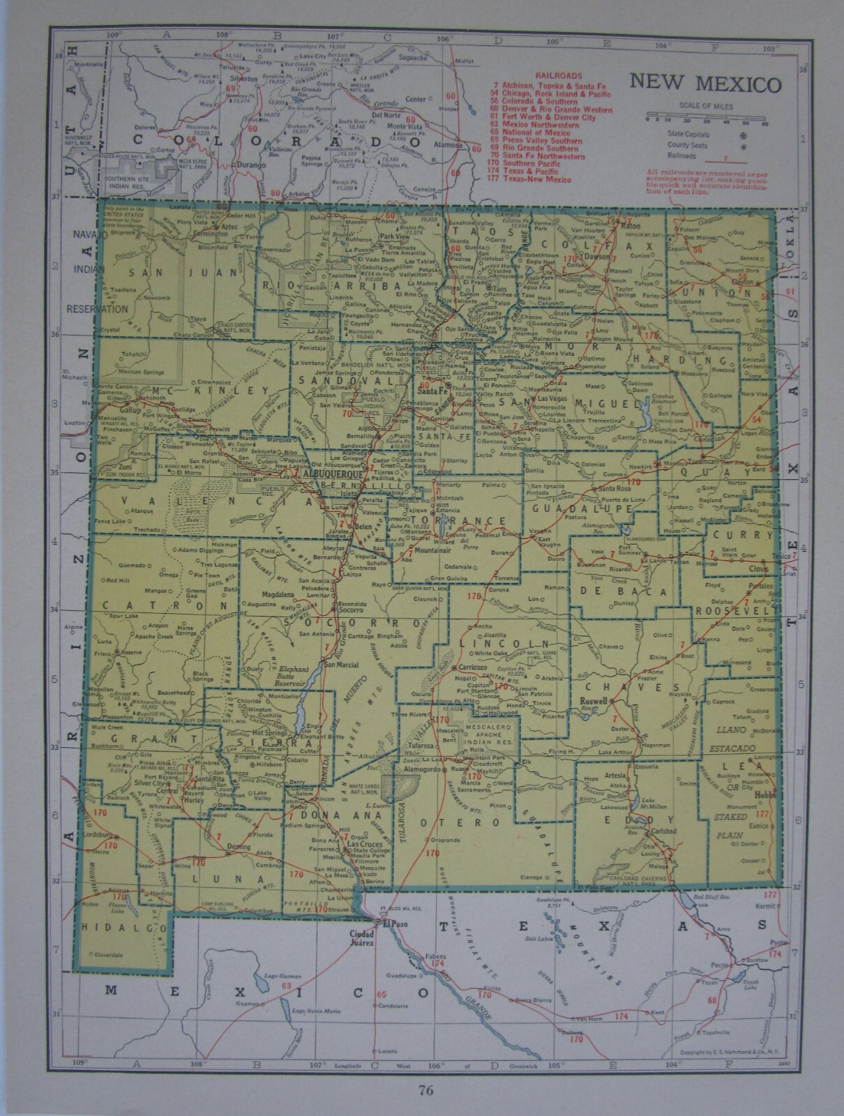 NM NJ Vtg 1942 NEW MEXICO RAILROAD Map. PECOS VALLEY SOUTHERN ~or~ NEW JERSEY