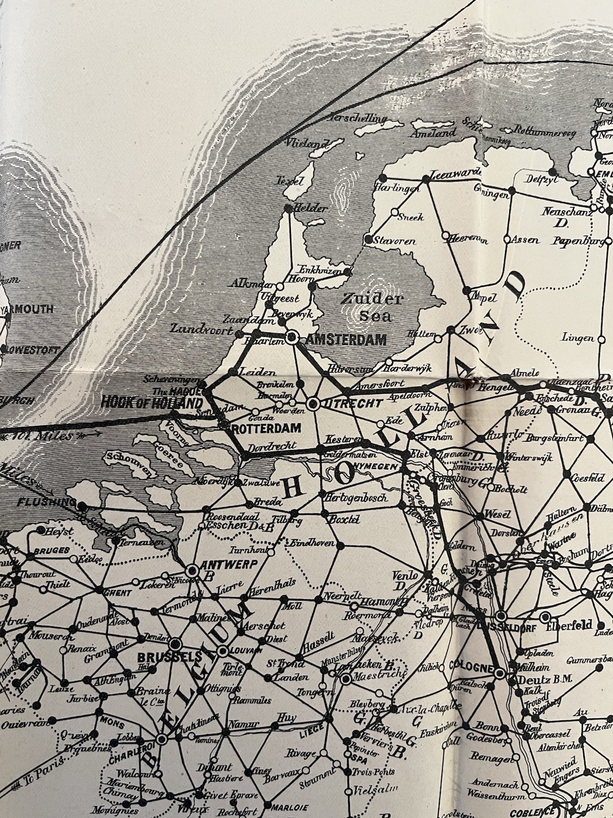 Vintage antique great eastern railway Co. Map Berlin Amsterdam Holland, Germany.