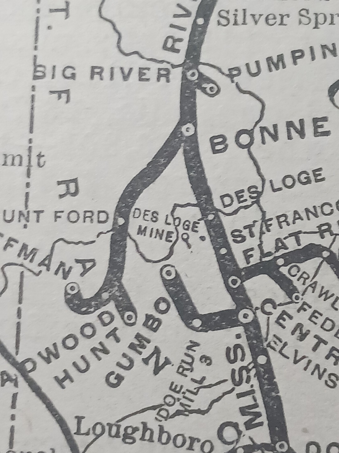 ~1910 Antique Train Map MISSISSIPPI & BONNE TERRE RAILWAY rare Missouri Railroad