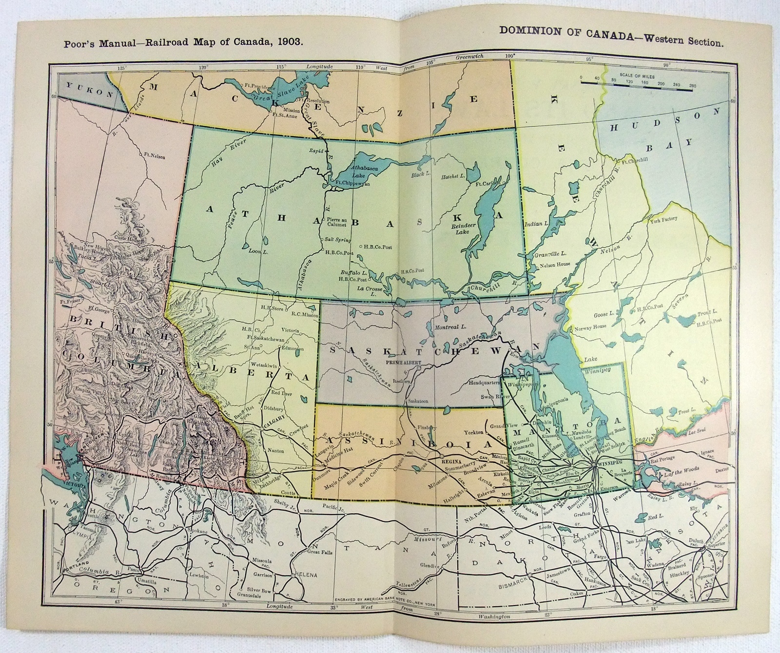 Western Canada – Original 1903 Railroad Map. Antique