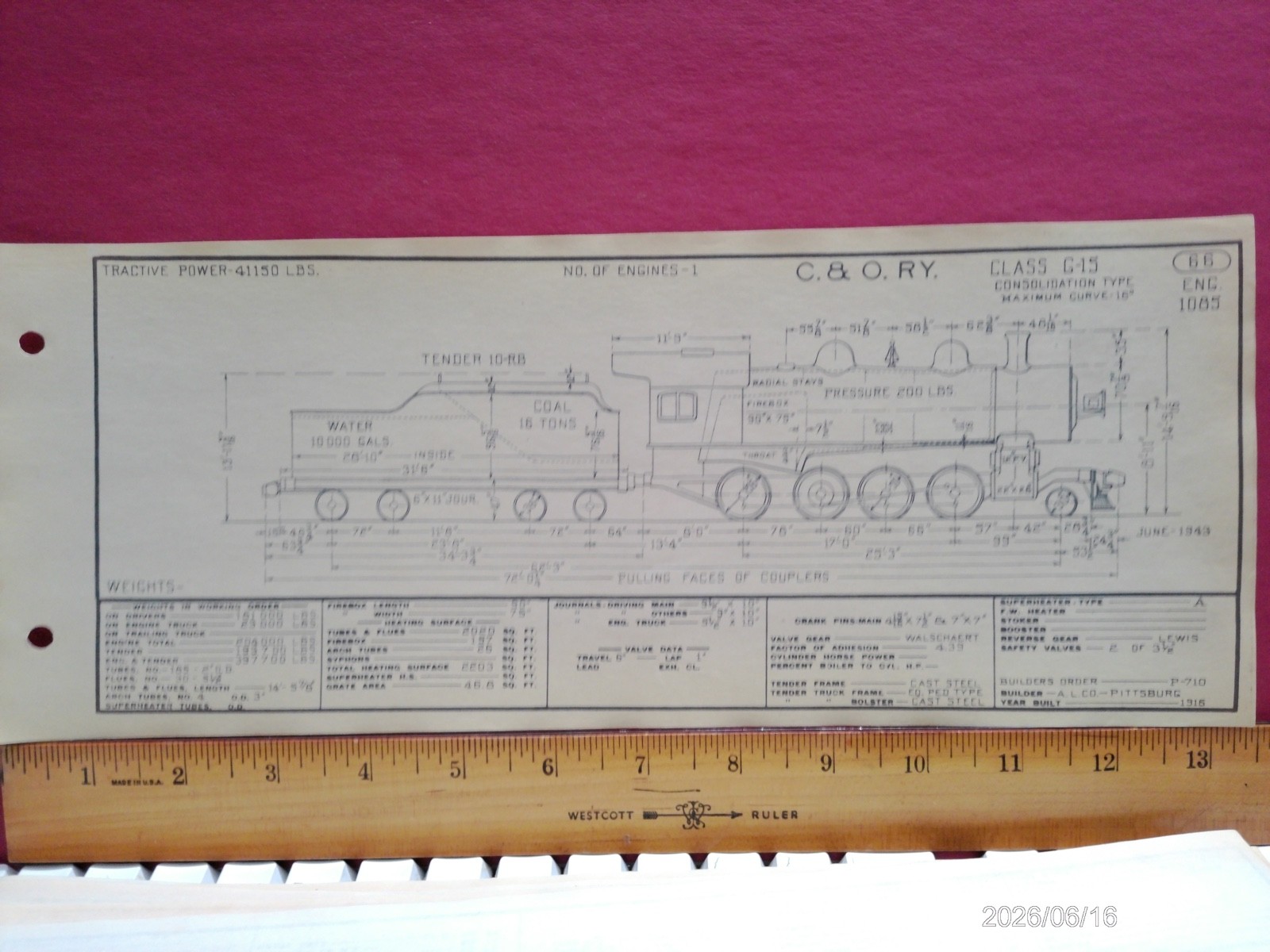 CHESAPEAKE & OHIO RAILROAD ORIG PRINTED DIAGRAM CLASS G-15 LOCOMOTIVE #1085