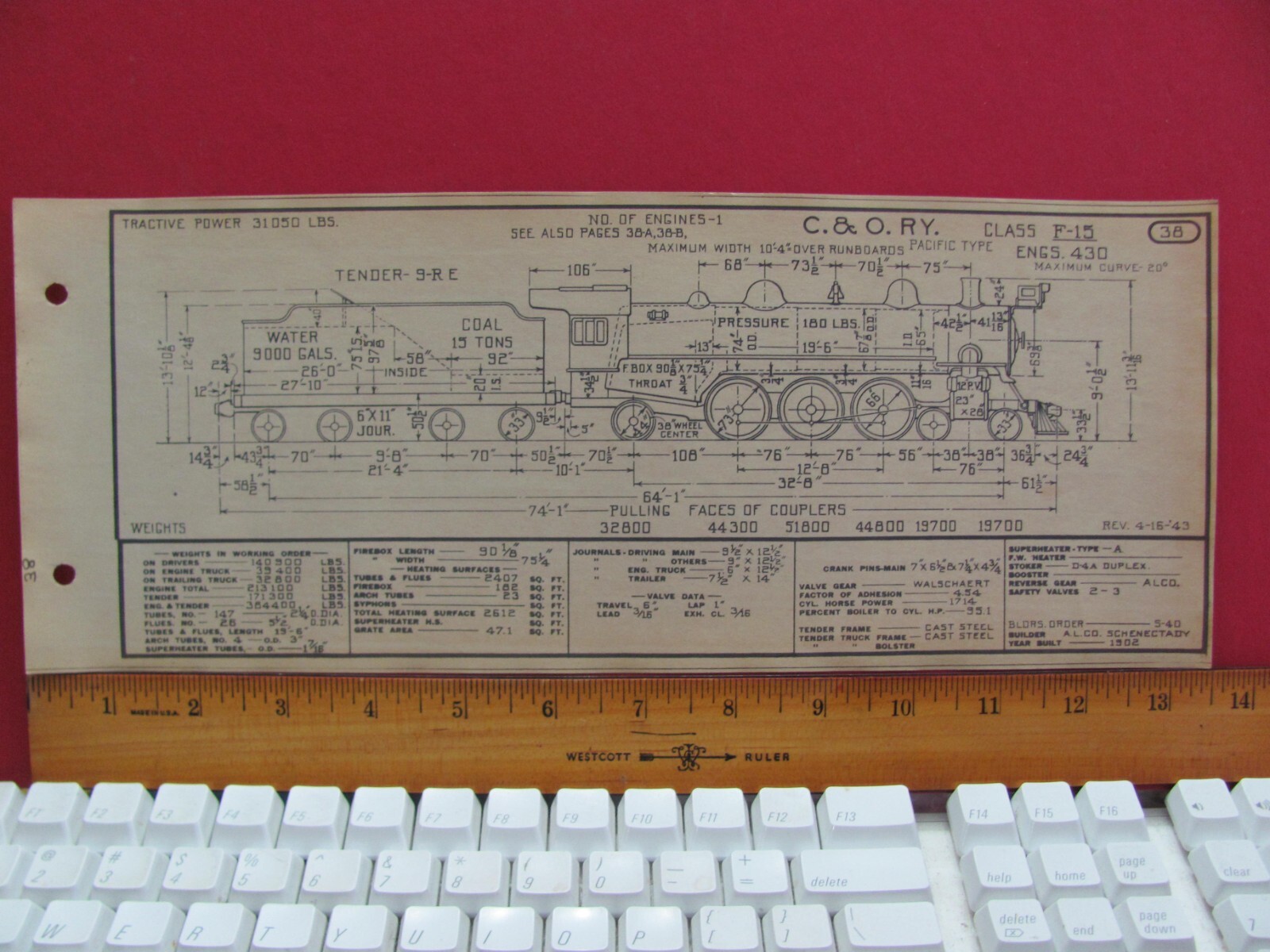 CHESAPEAKE & OHIO RAILROAD ORIG PRINTED DIAGRAM CLASS F-15 4-6-2 LOCOMOTIVE #430