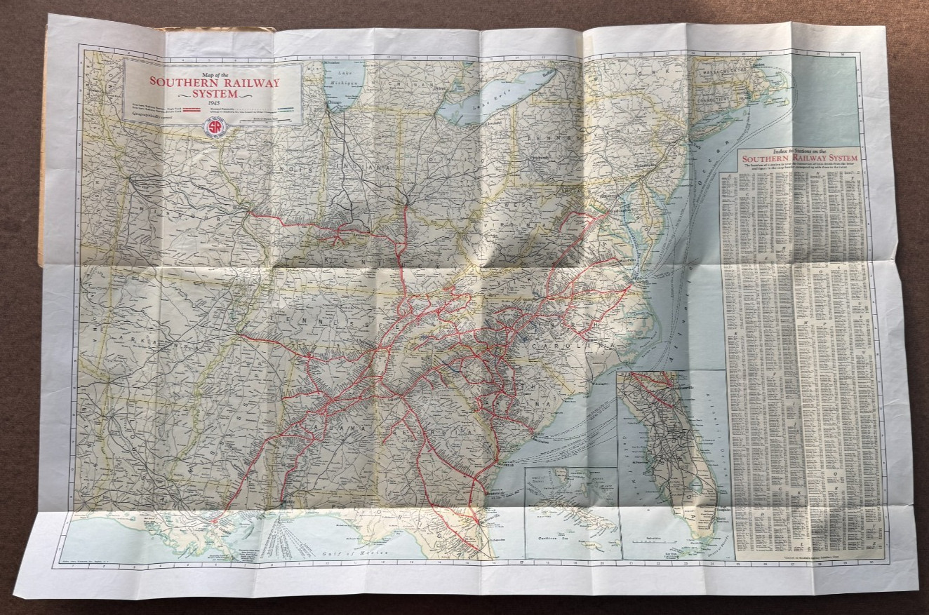 Vintage April 1943 Map of the Southern Railway System Railroad RR Train