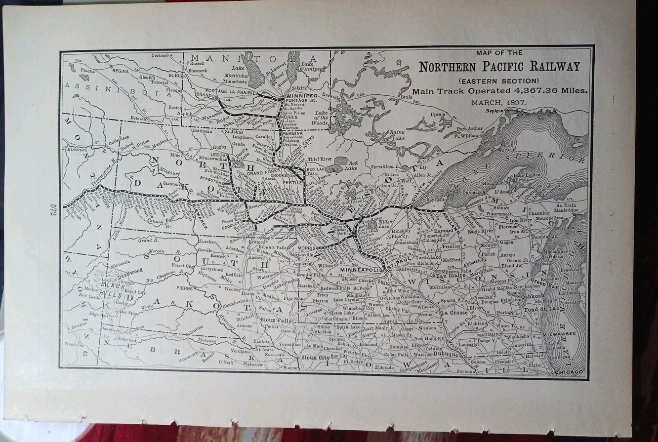 1897 dated Train Route Map NORTHERN PACIFIC RAILWAY Eastern Section Dakota MN WI