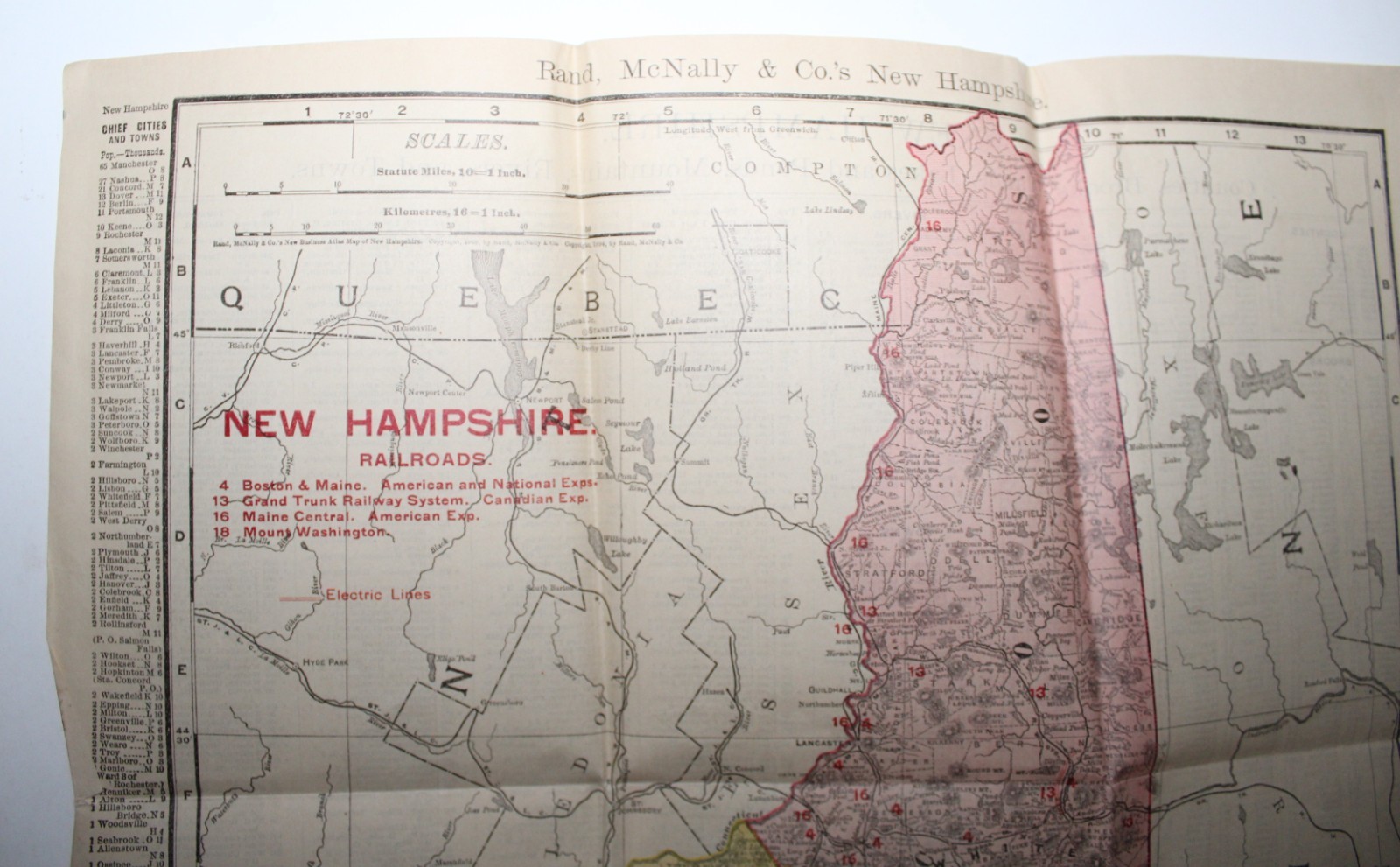 1908 New Hampshire Railroad Map Rand McNally